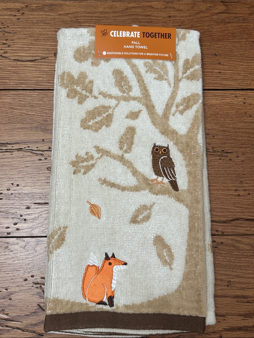 Celebrate Together Fall Hand Towel - Cream & Tan with Orange Fox